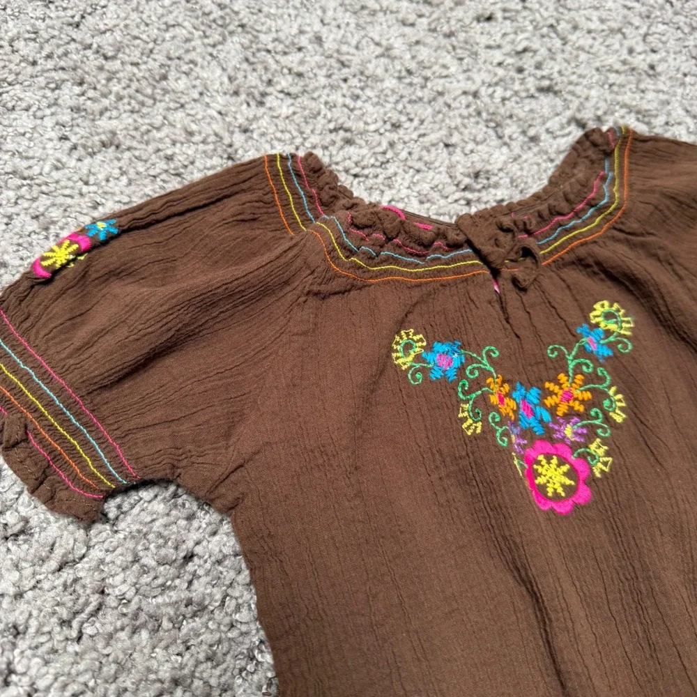 Y2K Vintage Childrens Place Embroidered Gauze Peasant Top Brown Toddler Girl 24M